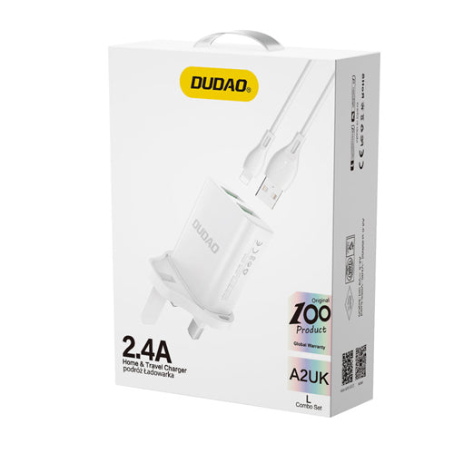 DUDAO WALL CHARGER WITH UK GREAT BRITAIN PLUG 2XUSB-A 2.4A WHITE