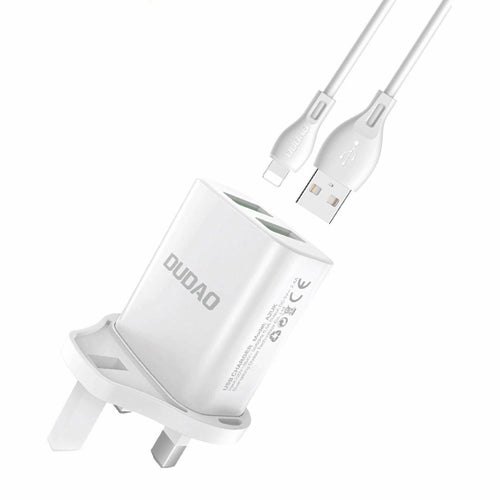DUDAO WALL CHARGER WITH UK GREAT BRITAIN PLUG 2XUSB-A 2.4A WHITE + USB-A CABLE - MICROUSB 1M