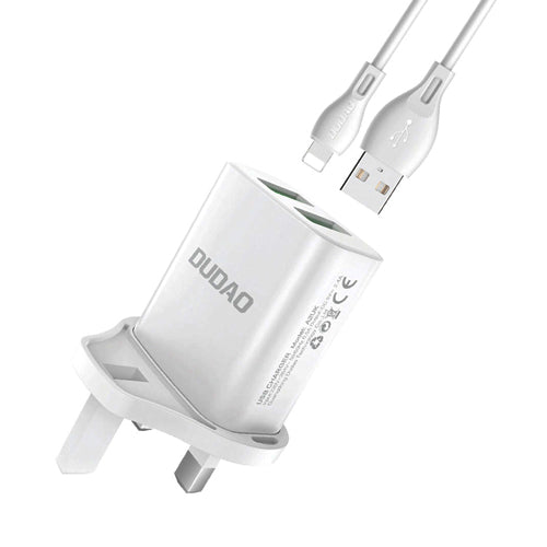 DUDAO WALL CHARGER UK UNITED KINGDOM PLUG 2XUSB-A 2.4A WHITE + USB-A CABLE - LIGHTNING WHITE