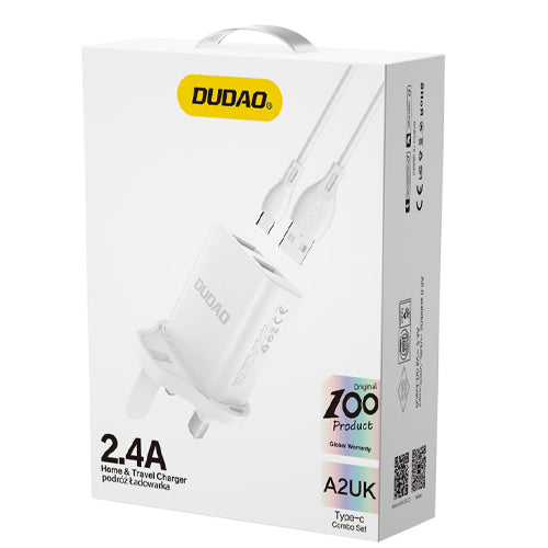 DUDAO WALL CHARGER UK UNITED KINGDOM PLUG 2XUSB-A 2.4A WHITE + USB-A CABLE - USB-C WHITE