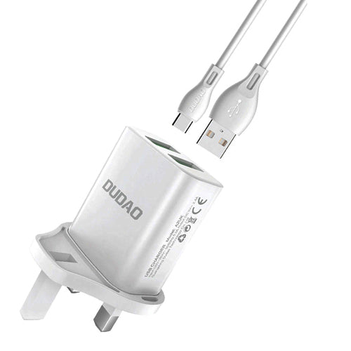 DUDAO WALL CHARGER UK UNITED KINGDOM PLUG 2XUSB-A 2.4A WHITE + USB-A CABLE - USB-C WHITE