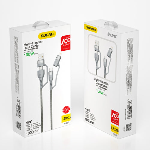 DUDAO 4IN1 USB TYPE C PD CABLE / USB CABLE - USB TYPE C POWER DELIVERY 100W / LIGHTNING 20W 1M GRISL20XS