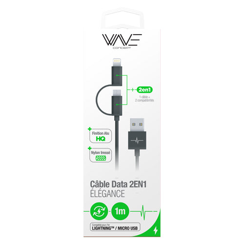 Cable Nylon Elegance 2en1 = Lightning +Micro USB BLACK-WAVE