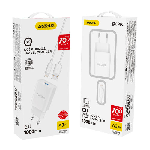 DUDAO QC3.0 12W WHITE USB WALL CHARGER + 1M LIGHTNING CABLE A3EU