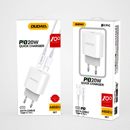 DUDAO CHARGEUR RAPIDE USB-C POWER DELIVERY 20W BLANC + CÂBLE USB-C - LIGHTNING 1M A8SEU