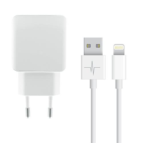 MAINS CHARGER PACK 1 2.1A USB PORT + LIGHTNING USB CABLE, WHITE-WAVE