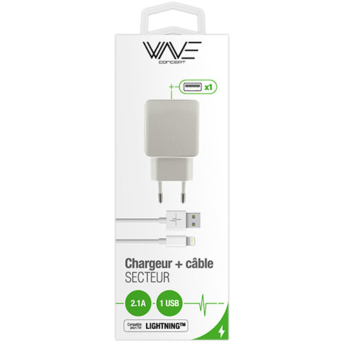 MAINS CHARGER PACK 1 2.1A USB PORT + LIGHTNING USB CABLE, WHITE-WAVE