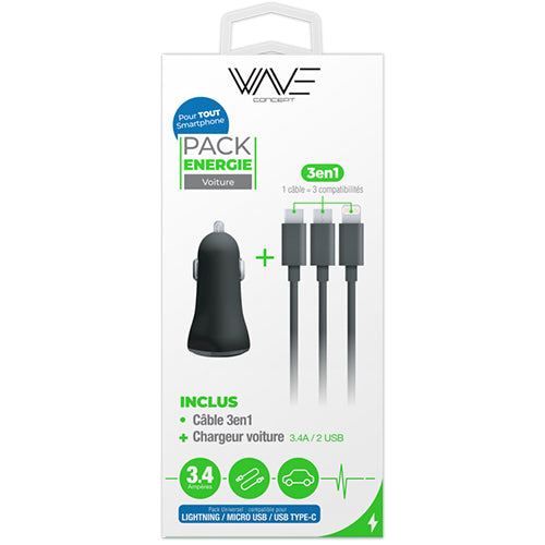 3.4A CIGAR LIGHTER CHARGER PACK + 3 IN 1 BLACK NYLON CABLE - WAVE