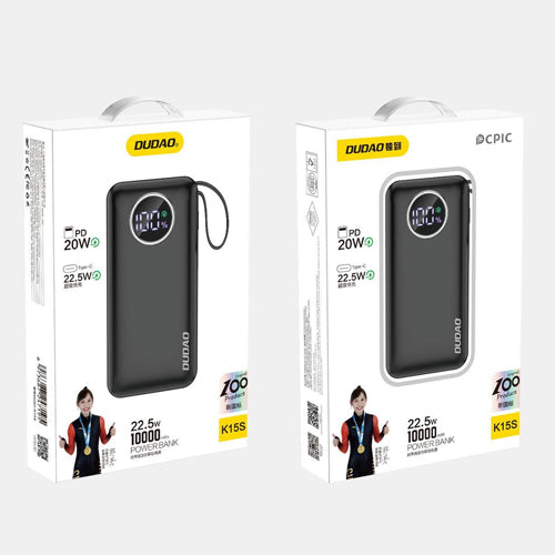 DUDAO POWERBANK 10000MAH 1XUSB-A / 1XUSB-C 22.5W WITH INTEGRATED CABLE 1XLIGHTNING / 1XUSB-C BLACK K15SB
