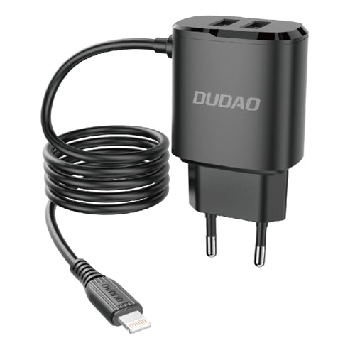 DUDAO 2X USB WALL CHARGER WITH INTEGRATED 12 W LIGHTNING CABLE BLACK A2PROL BLACK