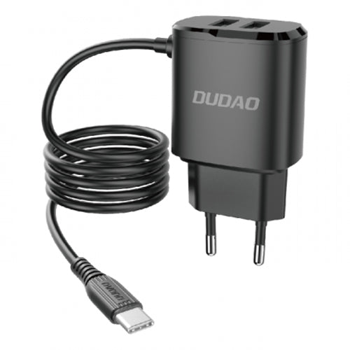 DUDAO 2X USB WALL CHARGER WITH INTEGRATED USB TYPE C CABLE 12 W BLACK A2PROT BLACK