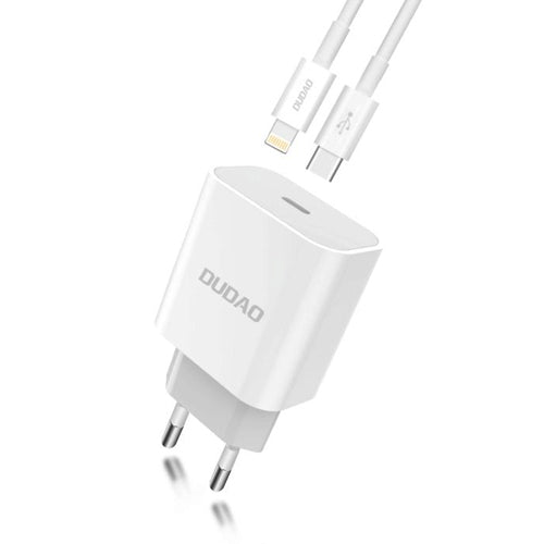 DUDAO QUICK CHARGER ADAPTER EU WALL CHARGER USB TYPE C POWER DELIVERY 18W + USB TYPE C / LIGHTNING CHARGING DATA CABLE WHITE A8EU + PD CABLE WHITE