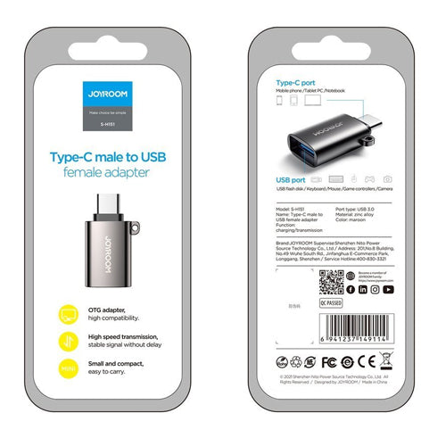 JOYROOM USB 3.2 GEN 1 MÂLE - ADAPTATEUR USB TYPE C FEMELLE NOIR S-H151 NOIR