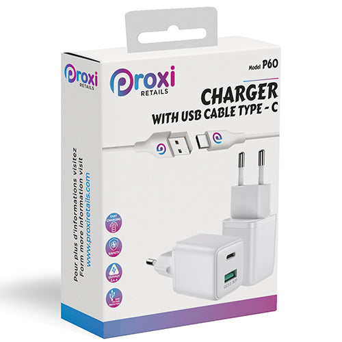 MAINS CHARGER PACK 1 USB PORT AND 1 USB C PORT WITH 1M TYPE C CABLE P60