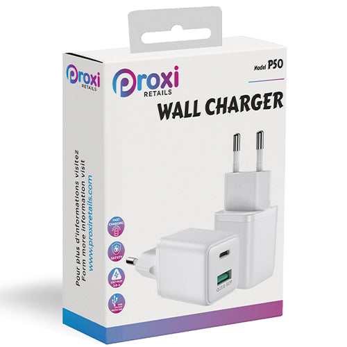 MAINS CHARGER 1 USB PORT AND 1 USB C PORT 3A P50 PROXI RETAILS