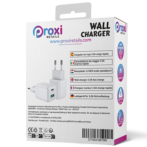 MAINS CHARGER 1 USB PORT AND 1 USB C PORT 3A P50 PROXI RETAILS