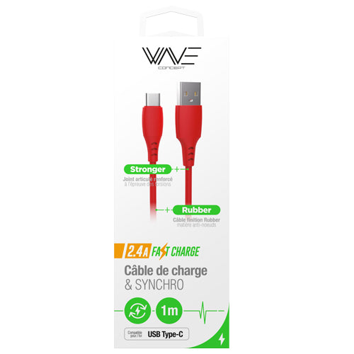 CABLE USB SILICONE, CHARGE RAPIDE TYPE-C 2.4A 1M, ROUGE-WAVE