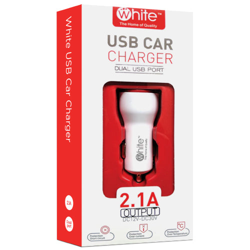 WHITE USB Car Charger Dual USB Port