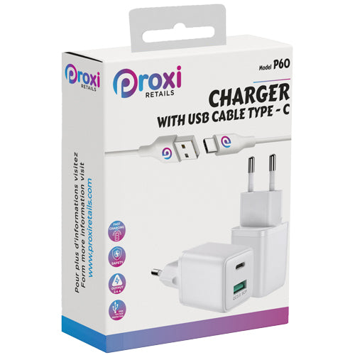 MAINS CHARGER PACK 1 USB PORT AND 1 USB C PORT WITH 1M TYPE C CABLE P60