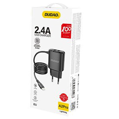 DUDAO 2X USB WALL CHARGER WITH INTEGRATED 12 W LIGHTNING CABLE BLACK A2PROL BLACK