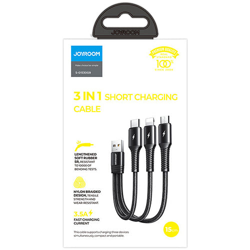 SHORT CABLE JOYROOM USB CABLE - LIGHTNING / USB TYPE C / MICRO USB 3.5A 15CM BLACK S-01530G9 LCM BLACK