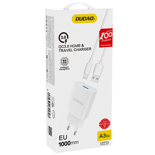DUDAO QC3.0 12W WHITE USB WALL CHARGER + 1M LIGHTNING CABLE A3EU