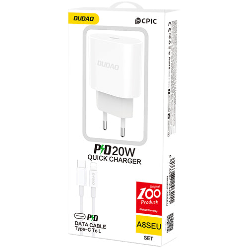 DUDAO POWER DELIVERY USB-C QUICK CHARGER 20W WHITE + USB-C CABLE - LIGHTNING 1M A8SEU