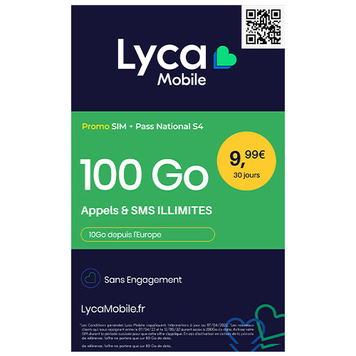 LYCAMOBILE SIM CARD + NATIONAL PASS S4 100GB