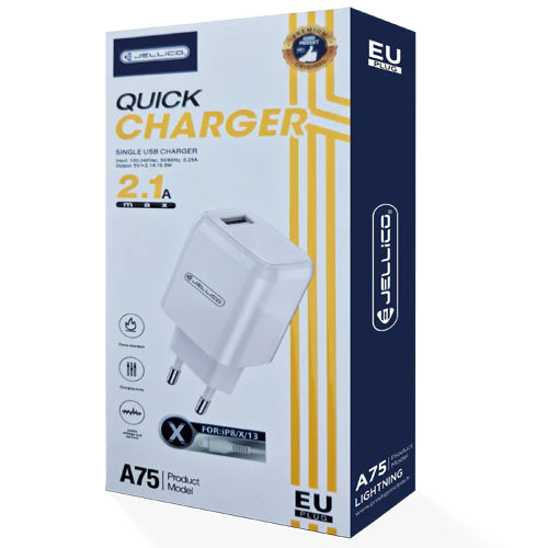 CHARGEUR SECTEUR A75 2.1A 1 PORT  AVEC CABLE USB LIGHTNING-JELLICO