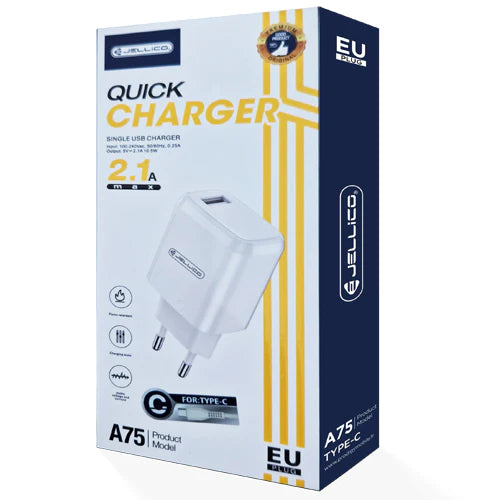 CHARGEUR SECTEUR A75 2.1A 1 PORT  AVEC CABLE USB TYPE C-JELLICO