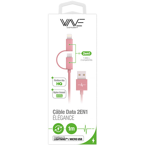 NYLON ELEGANCE 2IN1 USB CABLE, LIGHTNING + MICRO USB 1M, PINK GOLD-WAVE