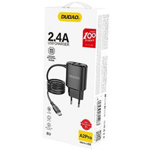 DUDAO 2X USB CHARGER WITH INTEGRATED MICRO USB CABLE 12 W BLACK A2PROM BLACK