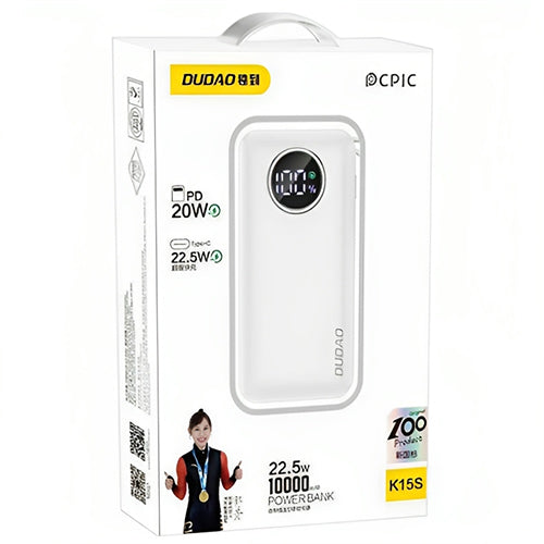 DUDAO 10000MAH USB-A / USB-C 22.5W POWER BANK WITH INTEGRATED LIGHTNING CABLE AND USB-C WHITE K15SW
