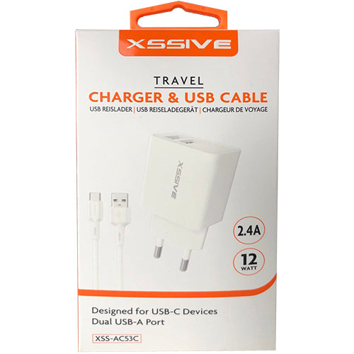 XSSIVE 12W / 2.4A DOUBLE USB QUICK CHARGER + TYPE-C CABLE