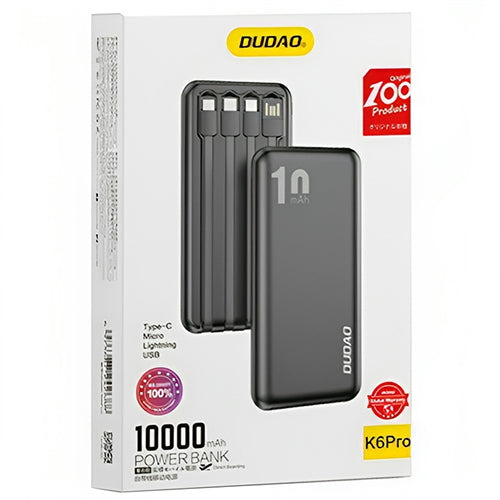 DUDAO K6PRO BATTERIE EXTERNE UNIVERSELLE 10000MAH AVEC CÂBLE USB, USB TYPE-C, LIGHTNING  K6PRO-NOIR