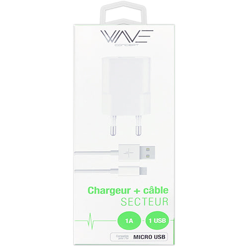 PACK 1 PORT USB 5W MAINS CHARGER + MICRO USB CABLE, WHITE-WAVE