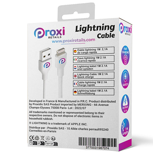LIGHTNING USB CABLE 1M 2A PROXI RETAILS