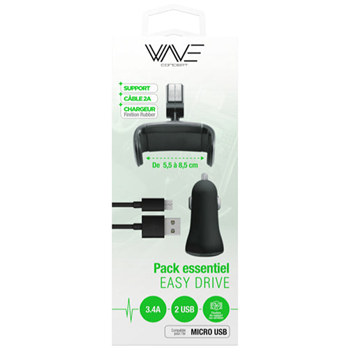 PACK EASY DRIVE MICRO USB = SUPPORT + CABLE + CHARGEUR VOITURE 3,4A NOIR