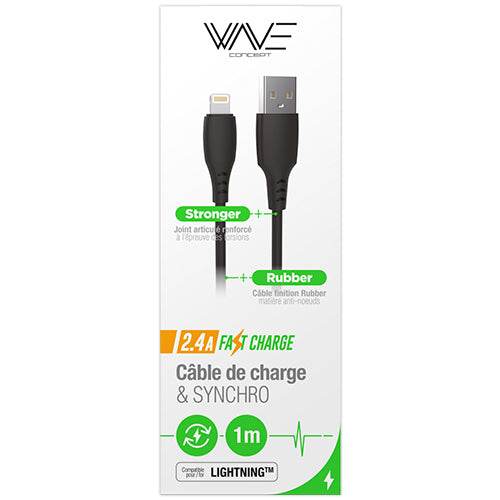 CABLE USB SILICONE LIGHNTING 2.4A CHARGE RAPIDE 1M, NOIR-WAVE