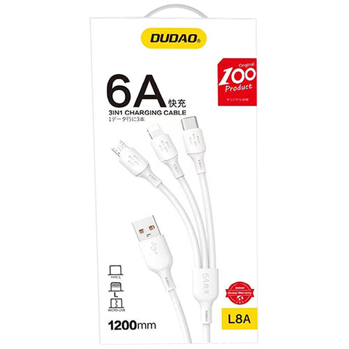 USB CABLE - USB C / MICRO USB / LIGHTNING 480MB/S 6A 1.2M - WHITE-DUDAO