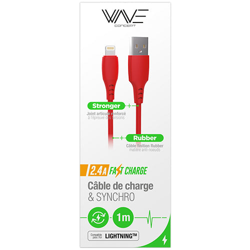 CABLE USB SILICONE LIGHNTING 2.4A CHARGE RAPIDE 1M, ROUGE-WAVE