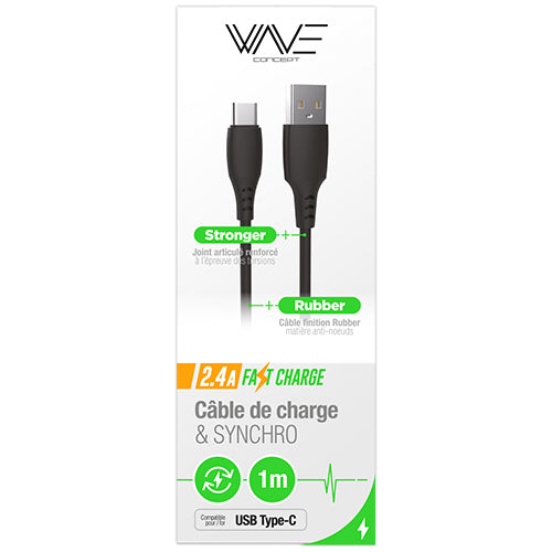 CABLE USB SILICONE, CHARGE RAPIDE TYPE-C 2.4A 1M, NOIR-WAVE