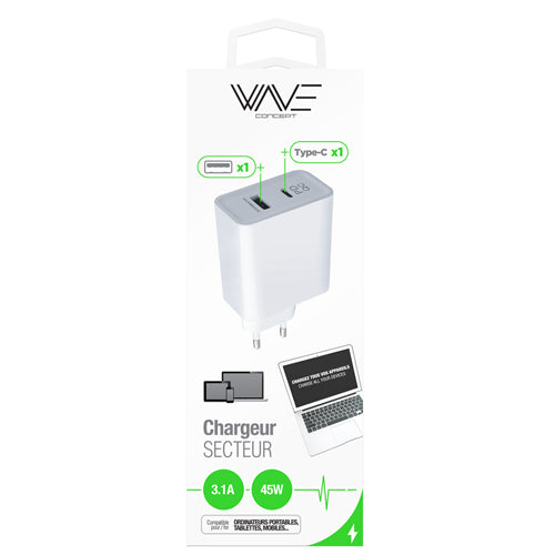 MAINS CHARGER 1 PORT USB, 1 PORT USB-C, 5V-45W, 2.4A, QUICK CHARGE, WHITE-WAVE