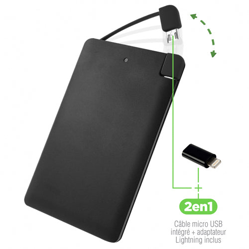 POWER BANK 2500MAH AVEC CABLE MICRO USB INTEGRE ET CONNECTEUR LIGHTNING, NOIR-WAVE