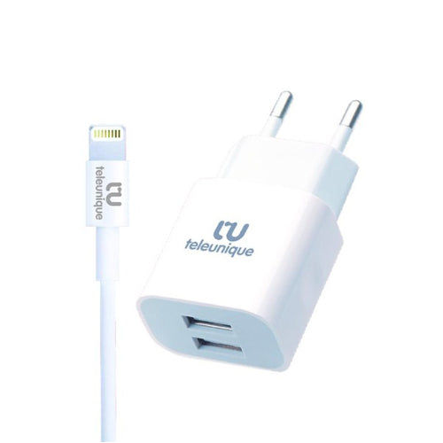 MAINS CHARGER 2 USB PORT QUICK CHARGE 2.1A WITH LIGHTNING TELEUNIQUE USB CABLE