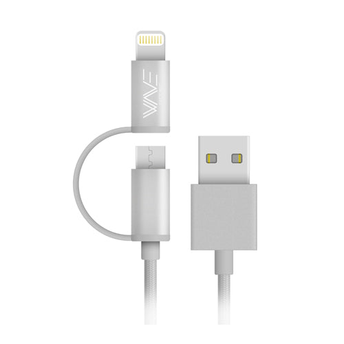 CABLE USB NYLON ELEGANCE 2EN1, LIGHTNING + MICRO USB 1M, ARGENT-WAVE