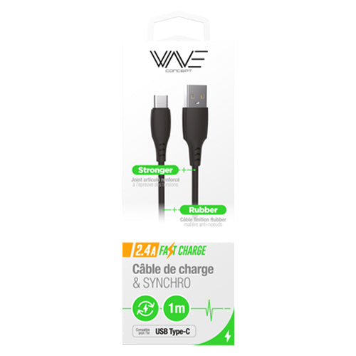 SILICONE USB CABLE, QUICK CHARGE TYPE-C 2.4A 1M, BLACK-WAVE