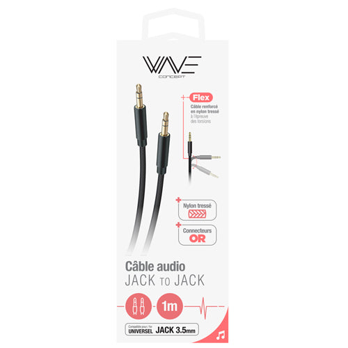 CABLE AUDIO NYLON  PRISE JACK VERS JACK 3.5MM, NOIR-WAVE