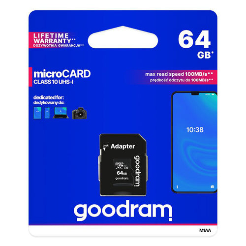 64 GB MICRO SD HC UHS-I CLASS 10 MEMORY CARD, SD-GOODRAM ADAPTER