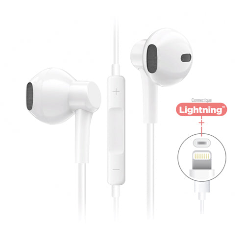 ECOUTEURS FILAIRE TECH LINE LIGHTNING AVEC MODE BLUETOOTH, BLANC-WAVE